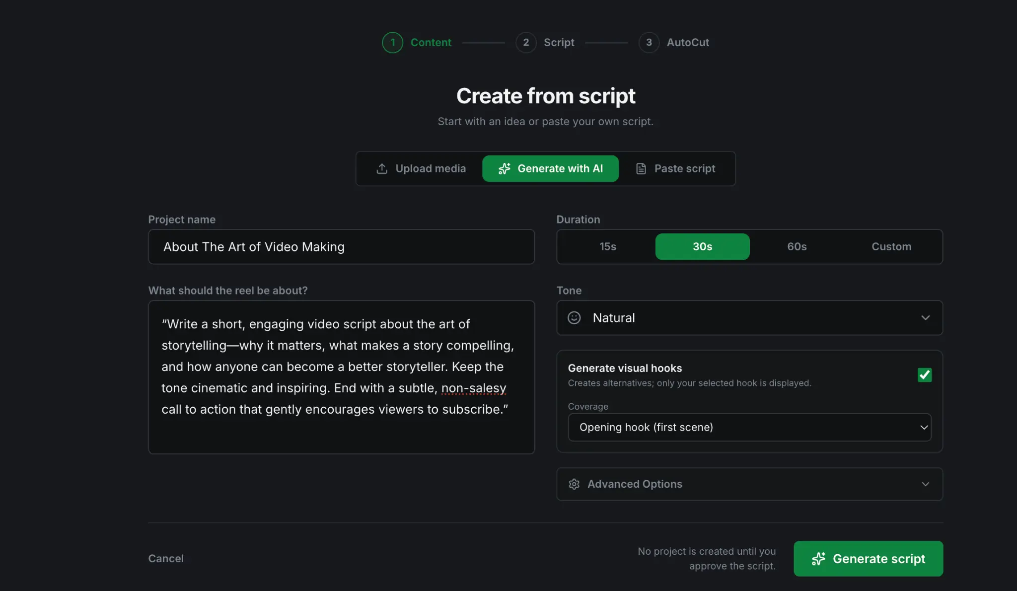 Starting a MoMoCut project from an idea, script or uploaded media