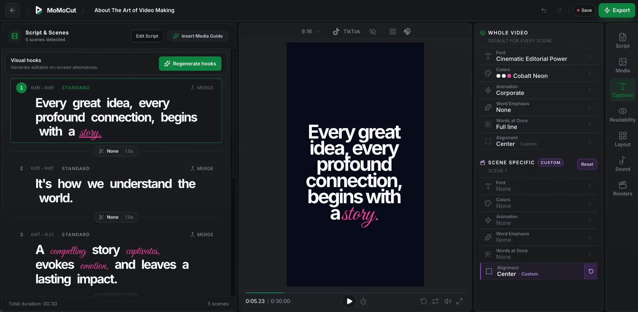 MoMoCut scene-first editor showing narrative scenes, designed preview and video controls