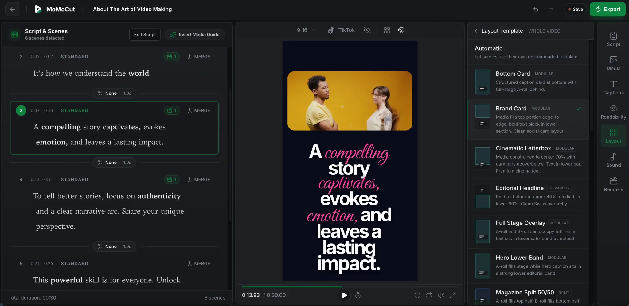 Finished MoMoCut editorial video with scenes, layouts and precision timeline