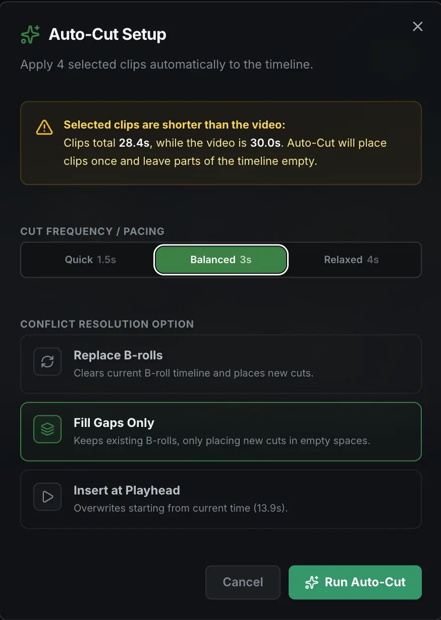 MoMoCut B-roll placement controls