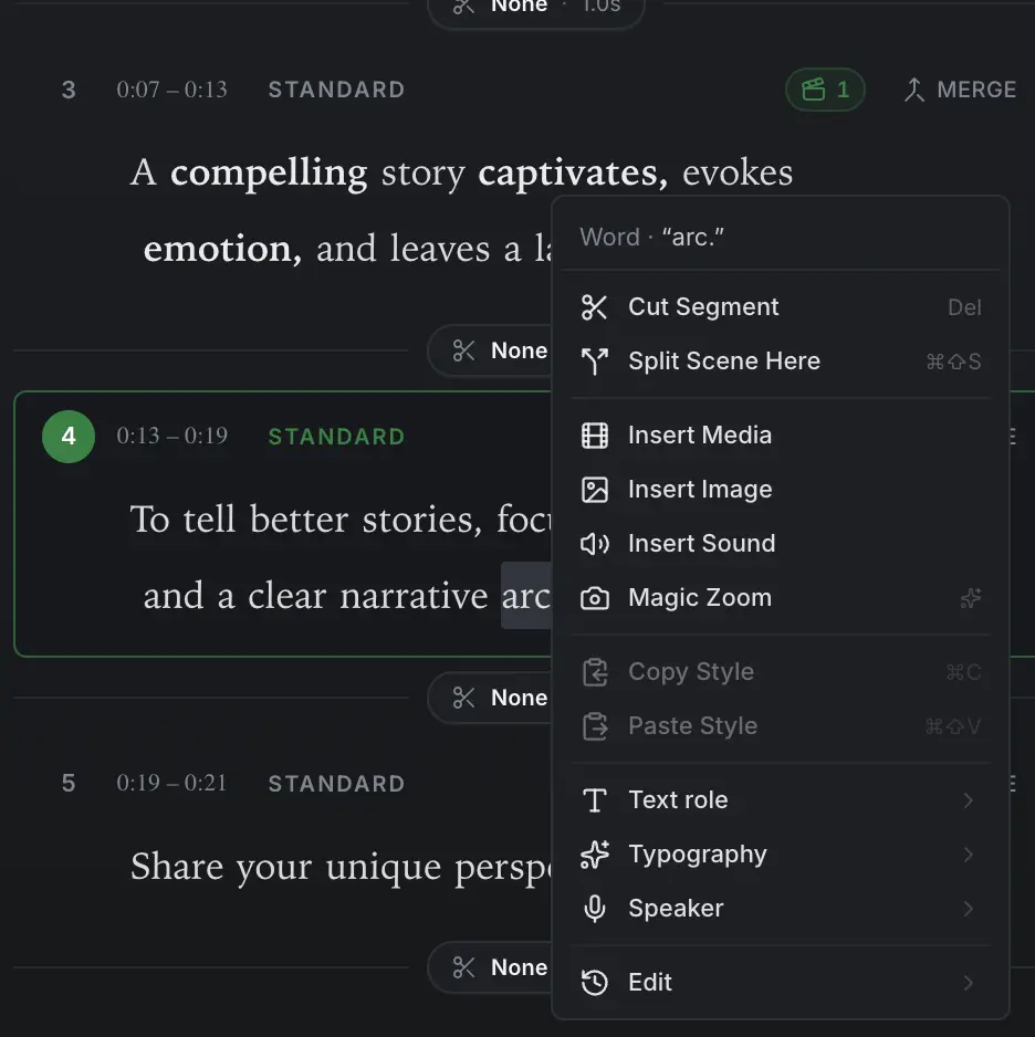 MoMoCut word selection menu for cutting, splitting scenes and inserting media